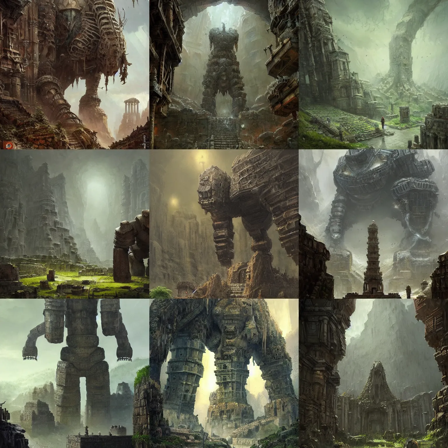 Prompt: massive iron golem guarding an ancient temple, in the style of greg rutkowski, epic fantasy art, highly detailed and intricate, underground, depth of view, crumbled bridge in the background, moss on the walls