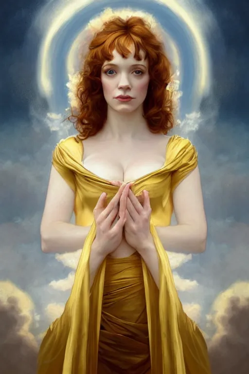 Image similar to symmetrical!! looking at the camera!!! a portrait of an angel young christina hendricks wearing a golden flowing dress, upper body, concept art, deep focus, sky, heaven, clouds, intricate, highly detailed, digital painting, artstation, matte, sharp focus, illustration, art by greg rutkowski and alphonse mucha