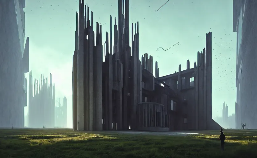 Image similar to exterior shot of utopian brutalist gothic stronghold architecture with cinematic lighting by zaha hadid peter zumthor and renzo piano and, darek zabrocki and greg ruthkowski, simon stalenhag, cinematic, holy place, paradise, scifi, futurism, atmospheric, concept art, artstation, trending on artstation