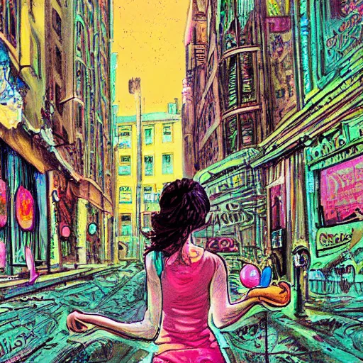 Image similar to young slender girl with headphones in densely packed city street, multicolored, Ralph Bakshi