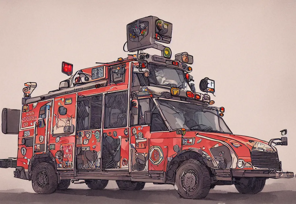 Prompt: handmade illustration of an ambulance, line art, ink, watercolor by Kilian Eng and by Jake Parker, winning-award masterpiece, fantastic, octane render, 8K HD Resolution, High quality image