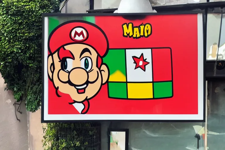 Prompt: An Italian restaurant using mario as it's mascot on the sign