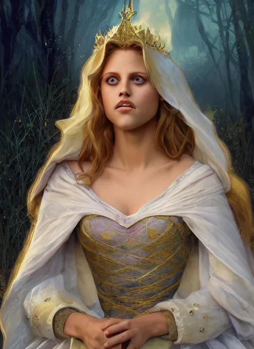 Image similar to beautiful young happy teresa palmer as the aurora sleeping beauty princess, closeup, d & d, fantasy, intricate, elegant, highly detailed, digital painting, artstation, concept art, matte, sharp focus, illustration, art by artgerm and greg rutkowski and alphonse mucha