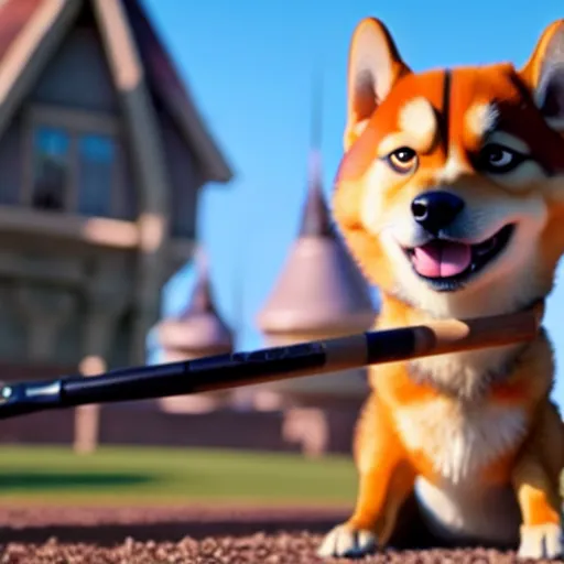 Image similar to weta disney pixar movie still photo of funny shiba inu with baseball bat : : dog by pixar : : giant sign that says bonk : : by weta, greg rutkowski, wlop, ilya kuvshinov, rossdraws, artgerm, octane render, iridescent, bright morning, anime, liosh, mucha : :