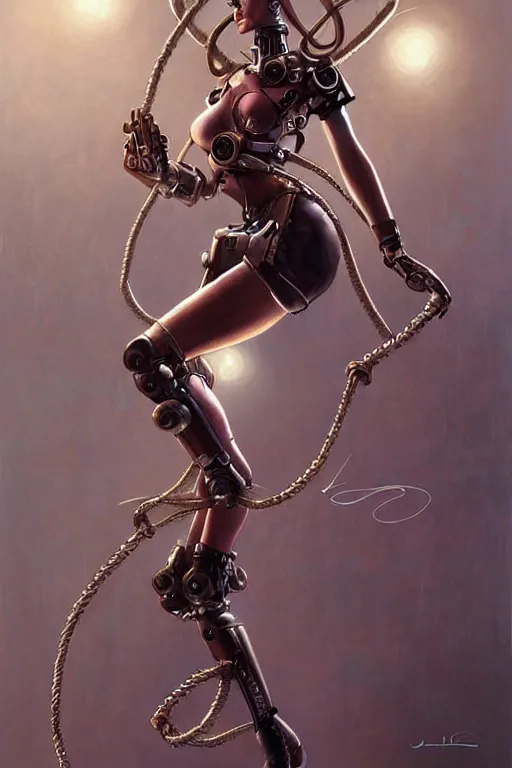 Image similar to retrofuturistic female android suspended by ropes, steampunk, gears, detailed mechanical parts, painting by artgerm julie bell Steve Henderson