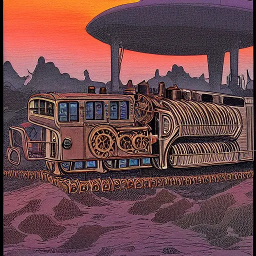 Prompt: weird west steampunk steam engine train railway into the sunset, illustration by moebius jean giraud