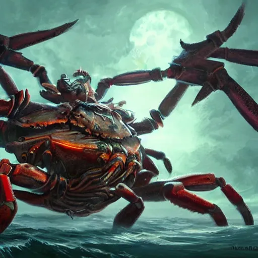 Prompt: giant mechanical crab crushing a goblin in its claws, fantasy art, epic, cinematic, dnd