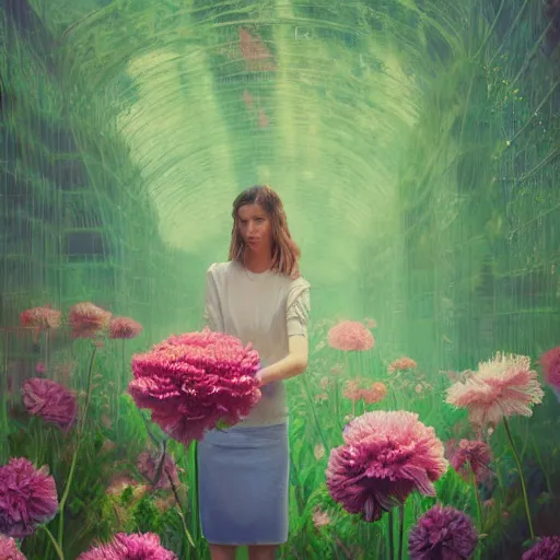 Image similar to giant carnation flower head, woman standing in greenhouse, surreal photography, dramatic light, impressionist painting, digital painting, artstation, simon stalenhag