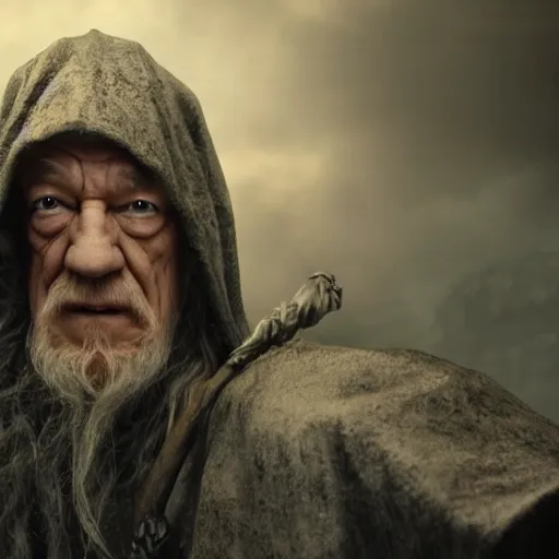 Image similar to the evil ian mckellen smothin on an anvil as gandalf in a dark viking hood playing odin all father from the thor movie crafting a neural network with synapses on am anvil, highly detailed, cinematic shot, cinematic lighting, 8 k, exquisit facial detail