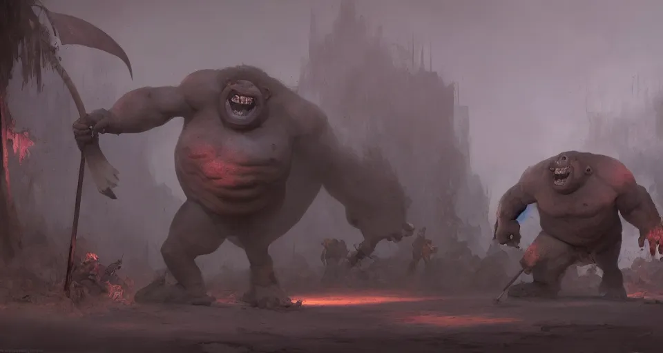 Image similar to one big giant ogre troll with a club. dust and fog atmosphere. by eddie mendoza and craig mullins. volumetric lights