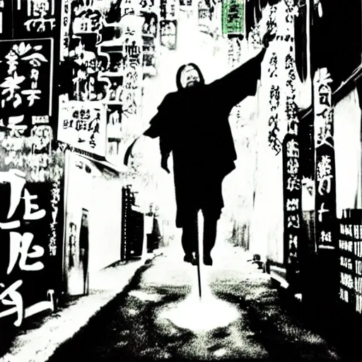 Image similar to A wizard waves his staff at a gangster, frantic, chaotic, ethereal, b&w, are-bure-boke!!!!!!!!, by Daido Moriyama!!!!!!