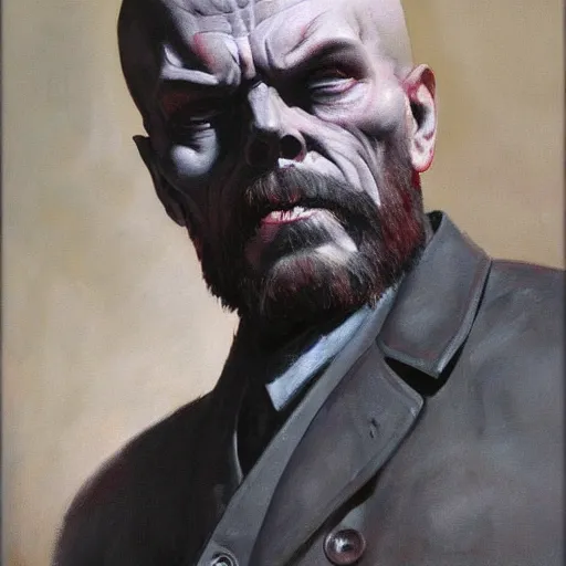 Image similar to ultra realistic portrait painting of red skull vladimir lenin, art by frank frazetta, 4 k, ultra realistic, highly detailed, epic lighting