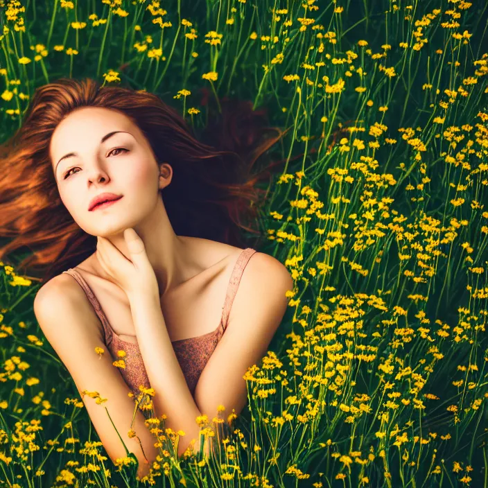 Prompt: photo of a very beautiful!! woman in an endless heavenly meadow, close up, 8 k, hdr, smooth, high resolution, award - winning photo, dslr, 3 5 mm