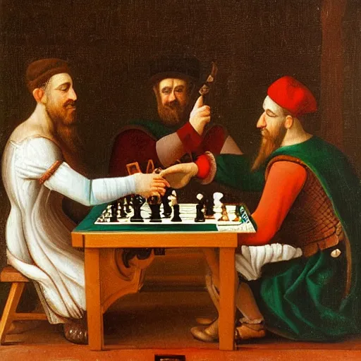Prompt: Leonardo DaVici playing chess with Saladino, Oil painting from the 17th century