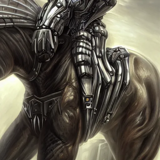 Prompt: an exaggeratedly muscular anthropomorphized horse with a magnificently muscular physique wearing a tight cybernetic armor while protecting a facility, long white mane, equine, anthro art, furaffinity, highly detailed, realistic, digital painting, artstation, sharp focus, concept art, illustration, art by artgerm, greg rutkowski, wlop