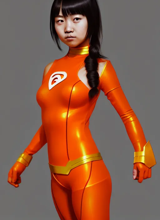 Image similar to teenage asian girl wearing an orange superhero costume, anime digital art, au naturel, hyper detailed, digital art, trending in artstation, cinematic lighting, studio quality, smooth render, unreal engine 5 rendered, octane rendered, art style by klimt and nixeu and ian sprigger and wlop and krenz cushart