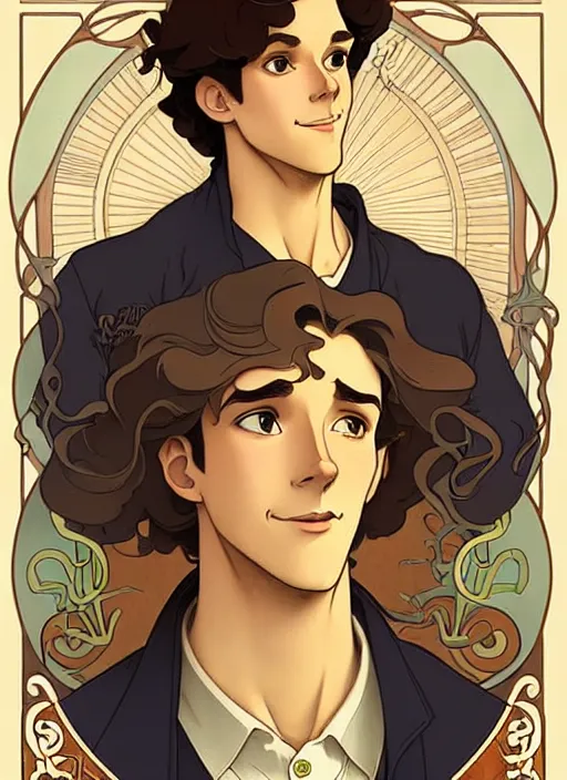 Image similar to art nouveau portrait of a handsome young man with curly medium length very messy light brown hair, brown eyes, aloof, t - shirt, natural lighting, path traced, highly detailed, high quality, cartoon, digital painting, by don bluth and ross tran and studio ghibli and alphonse mucha