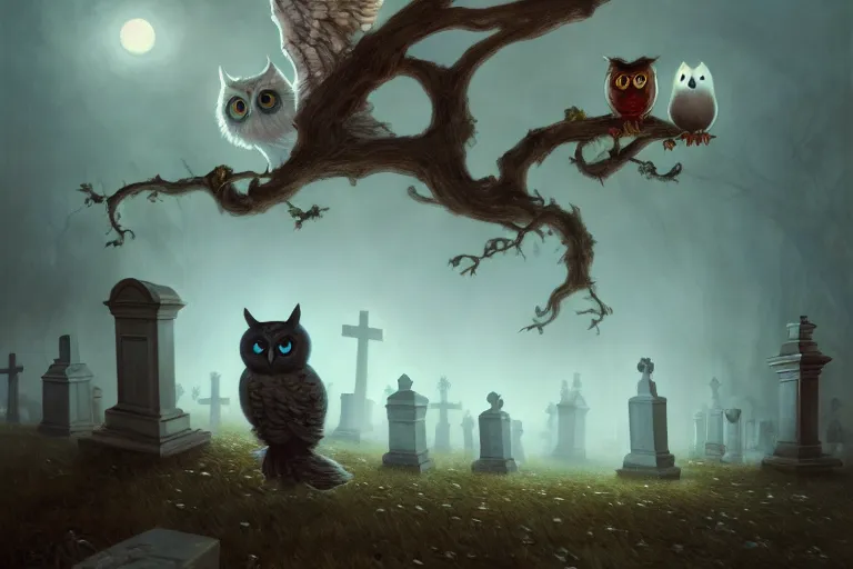 Prompt: casper the friendly ghost flying over a graveyard at midnight, chasing a cat, an interesting owl in a tree, cinestill, painted by james jean and gaston bussiere, very detailed and cute and cozy and transparent, backlight, fog, mist, trending on artstation