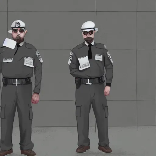 Prompt: ( ( beige ) ) uniform and caps zombie security officers ( background brutalist gray concrete office ) trending on artstation high detail digital painting 4 k 8 k hd accurate