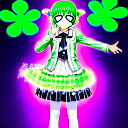 Image similar to a hologram of moe styled green haired yotsuba koiwai with an anonymous mask, wearing a gothic lolita decora spiked jacket, background full of lucky clovers and shinning stars, holography, irridescent