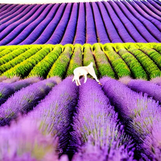 Image similar to lavender field in provence at sunset with a cat sitting in foreground