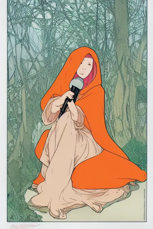 Prompt: a Girl in a large hood sitting on the ground and there have orange slices and album and Microphone around her,Visual Communication Design by studio ghibli and mucha ,Refreshing colour