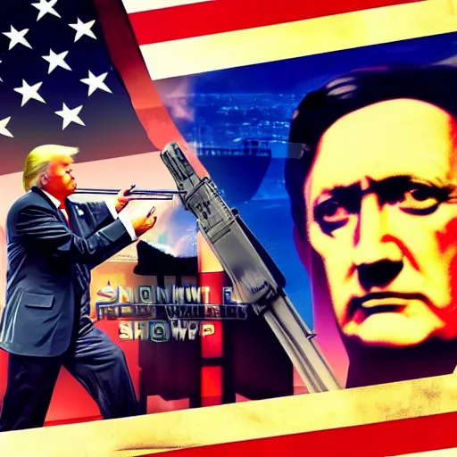 Image similar to Donald Trump shooting Hitler, synthwave, high details, 8k, sharp, realistic