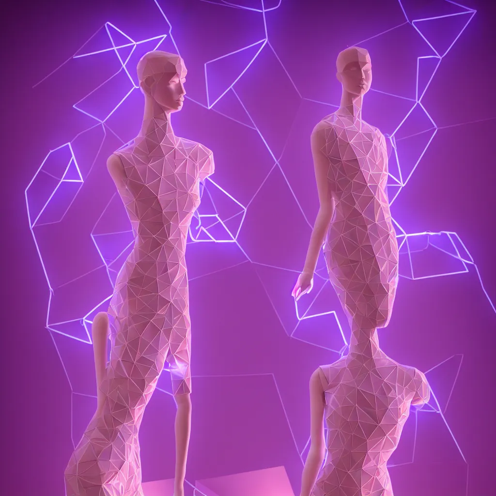 Image similar to beautiful mannequin sculpted out of amethyst by billelis + lit with 3 d geometric neon + facing a doorway opening with neon pink geometric fractal light + flowering hosta plants!!!, moon in background!, rule of thirds, clean linework, dramatic, award winning, 4 k, trending on artstation, photorealistic, volumetric lighting, octane render