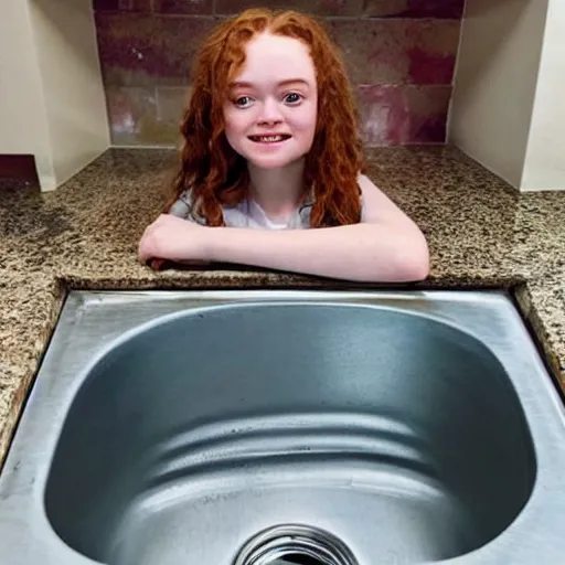 Prompt: photo of a kitchen sink with sadie sink inside it