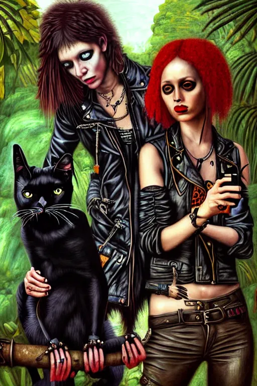 Image similar to punk rock girls making selfie with black cats in jungle , 1980 style, mad max jacket, post apocalyptic, renaissance, highly detailed, digital painting, 4k, oil painting by Leonardo Da Vinci, hyper realistic style, fantasy by Olga Fedorova