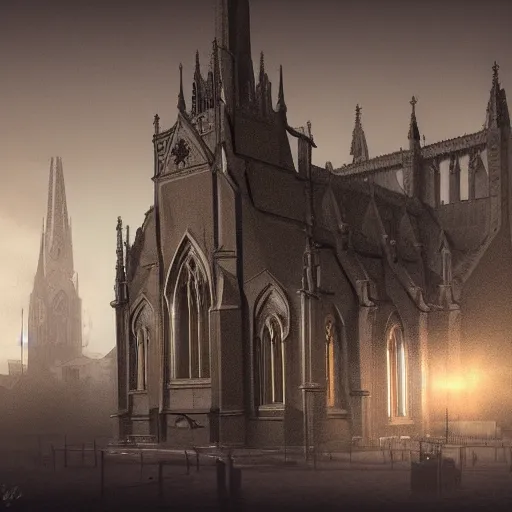 Image similar to victorian church in the middle of the city, dark, misty, at night, 8 k, detailed, concept art, trending on artstation