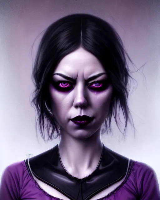 Image similar to stunning beautiful Aubrey Plaza dark witch, purple eyes, evil smile, black magic, realistic character concept, full body black dress, sinister pose, scary magical background, illustration, slender symmetrical face, symmetrical eyes, realistic body, cinematic lighting, hyperdetailed, high resolution, Charlie Bowater, Tom Bagshaw, insanely detailed and intricate