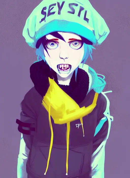 Image similar to highly detailed portrait of a sewer punk lady student, blue eyes, tartan hoody, hat, white hair by atey ghailan, gradient yellow, black, brown and cyan color scheme, grunge aesthetic!!! ( ( graffiti tag wall ) )