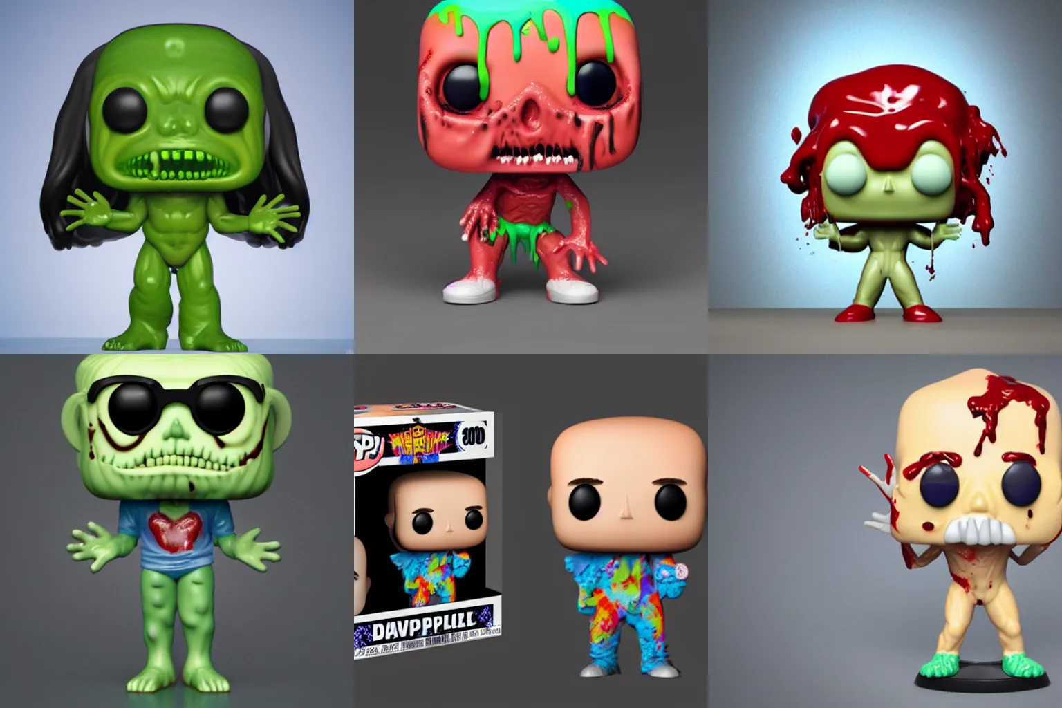 Prompt: A funko pop toyfigure from a melting plastic zombie as shown in a 90s TVC, by David Lachapelle, c4d