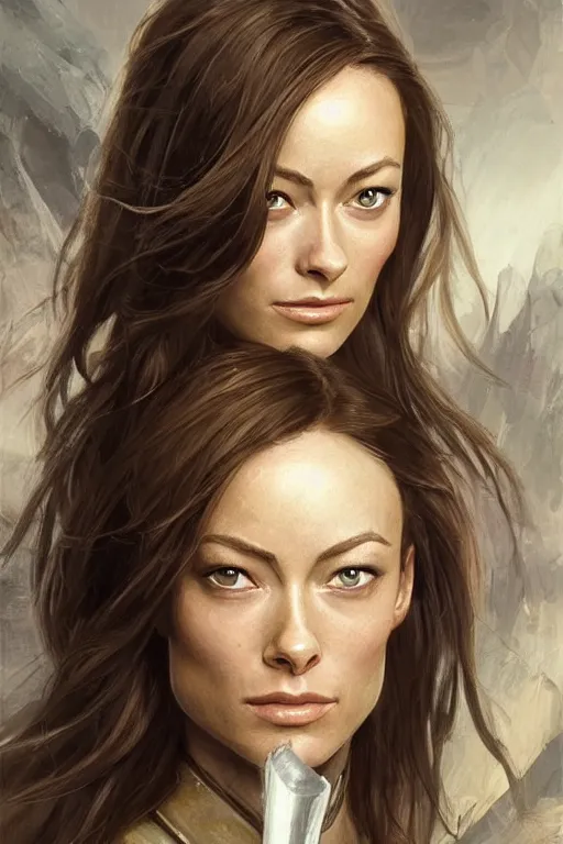 Image similar to a professional painting of a young Olivia Wilde, clothes in military armor, olive skin, long dark hair, beautiful bone structure, symmetrical facial features, intricate, elegant, digital painting, concept art, smooth, sharp focus, illustration, from StarCraft by Ruan Jia and Mandy Jurgens and Artgerm and William-Adolphe Bouguerea