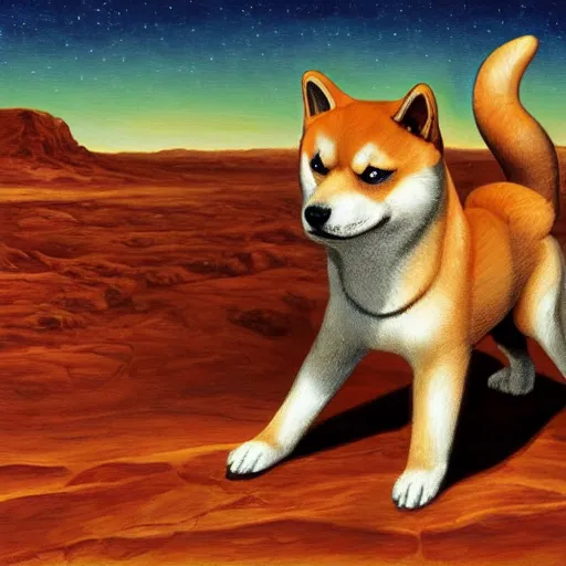 Prompt: A shiba inu on Mars, canyon, classic painting, award winning, highly detailed