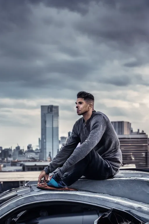 Prompt: Photo of a man sitting on the car roof in the heavy in front of the city that sank, hyper realistic, outdoor lighting, dynamic lighting, volumetric, wide angle, anamorphic lens, go pro, 4k