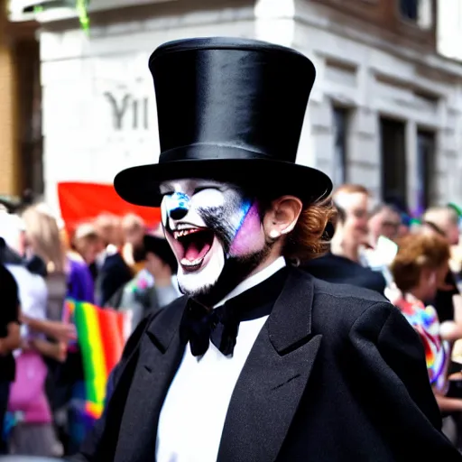 Image similar to The Babadook in black coat and top hat at a pride parade, photograph