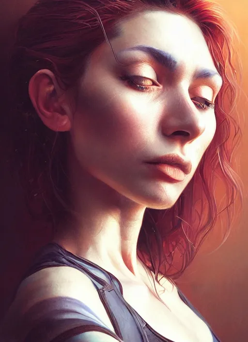 Prompt: a detailed painted portrait of an 9 0's era female rock musician by artist hadi karimi, wlop, artgerm, greg rutkowski, slightly happy facial expression, dramatic lowkey studio lighting, accurate skin textures, hyperrealism, aesthetically pleasing and harmonious vintage colors