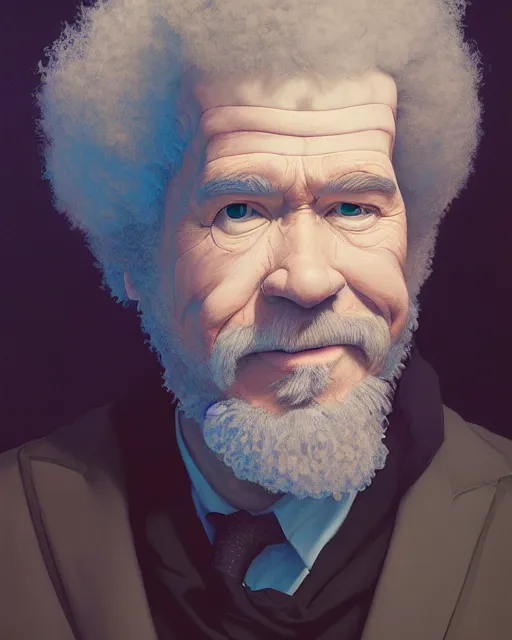 Image similar to highly detailed surreal vfx portrait of bob ross, stephen bliss, unreal engine, greg rutkowski, loish, rhads, beeple, makoto shinkai and lois van baarle, ilya kuvshinov, rossdraws, tom bagshaw, alphonse mucha, global illumination, detailed and intricate environment