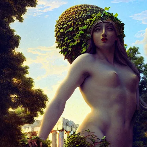 Image similar to full-body view of beatiful young greek godess in steel helmet standing on a giant Zeus head, greek temple of olympus glory island little wood bridge painting of tower ivy plant in marble late afternoon light, wispy clouds in a blue sky, by frank lloyd wright and greg rutkowski and ruan jia