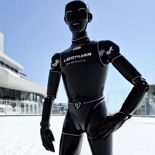 Image similar to f 1 driver charles leclerc, on display, posing like a statue, showing off his muscles, humanoid robot, who is a male android, shiny skin, made of ice, frozen ice statue, by the pool, a realistic detailed photo of a guy who is an attractive humanoid who is half robot and half humanoid, blank stare