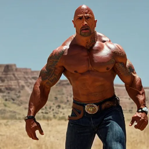 Prompt: film of Dwayne Johnson as cowboy