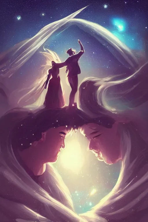 Image similar to man and woman sea and night sky with stars and galaxies, ornate detailed background, trending on artstation, by rossdraws, artgerm