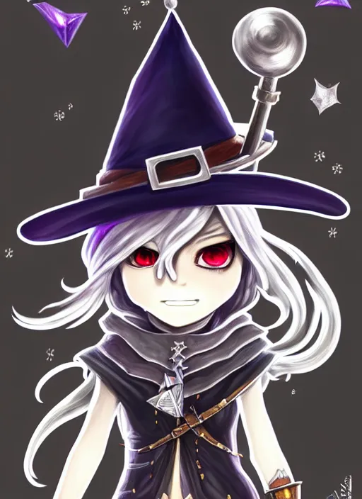 Prompt: a portrait of girl magician, witch hat, silver explosion, silver magic, fantasy, dungeons and dragons, an ultrafine detailed painting, chibi, detailed painting, boris valejo. octopath traveler decal!!!