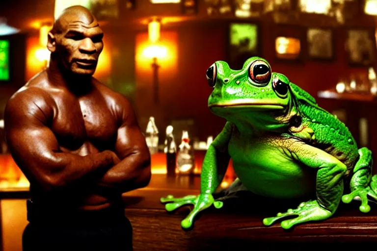 Image similar to a giant frog sitting with mike tyson in a bar, mike tyson with a toad, movie directed by martin scorsese and christopher nolan, masterpiece, 8 h