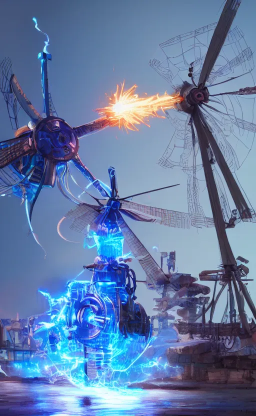 Image similar to a steampunk windmill spinning fast, robot, blue fire, ash, electricity lightning, soft, concept art, sharp focus, intricate details, highly detailed, photorealistic, disney pixar, octane render, iridescent, anime, 8 k