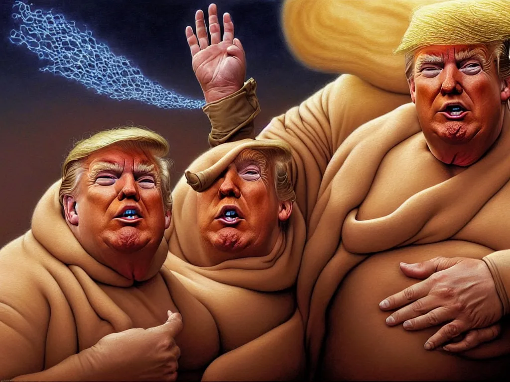 Image similar to Donald trump playing baron harkonnen in Dune, highly detailed realistic painting by Tomasz Alen Kopera and hajime sorayama and carl spitzweg