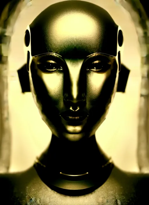 Image similar to a beautiful young female futuristic robot profile face, daguerrotype, closeup - view, f / 2. 8, low contrast, 1 6 k, beautiful lighting, reflective, in a symbolic and meaningful style, surreal dreamy poetic