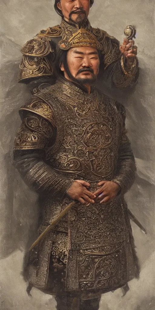 Image similar to a stunning and noble highly detailed romantic period style portrait of Genghis Khan by Josep Tapiró Baró, trending on artstation, oil painting masterpiece, symmetry, fractals, Mongolian iconography